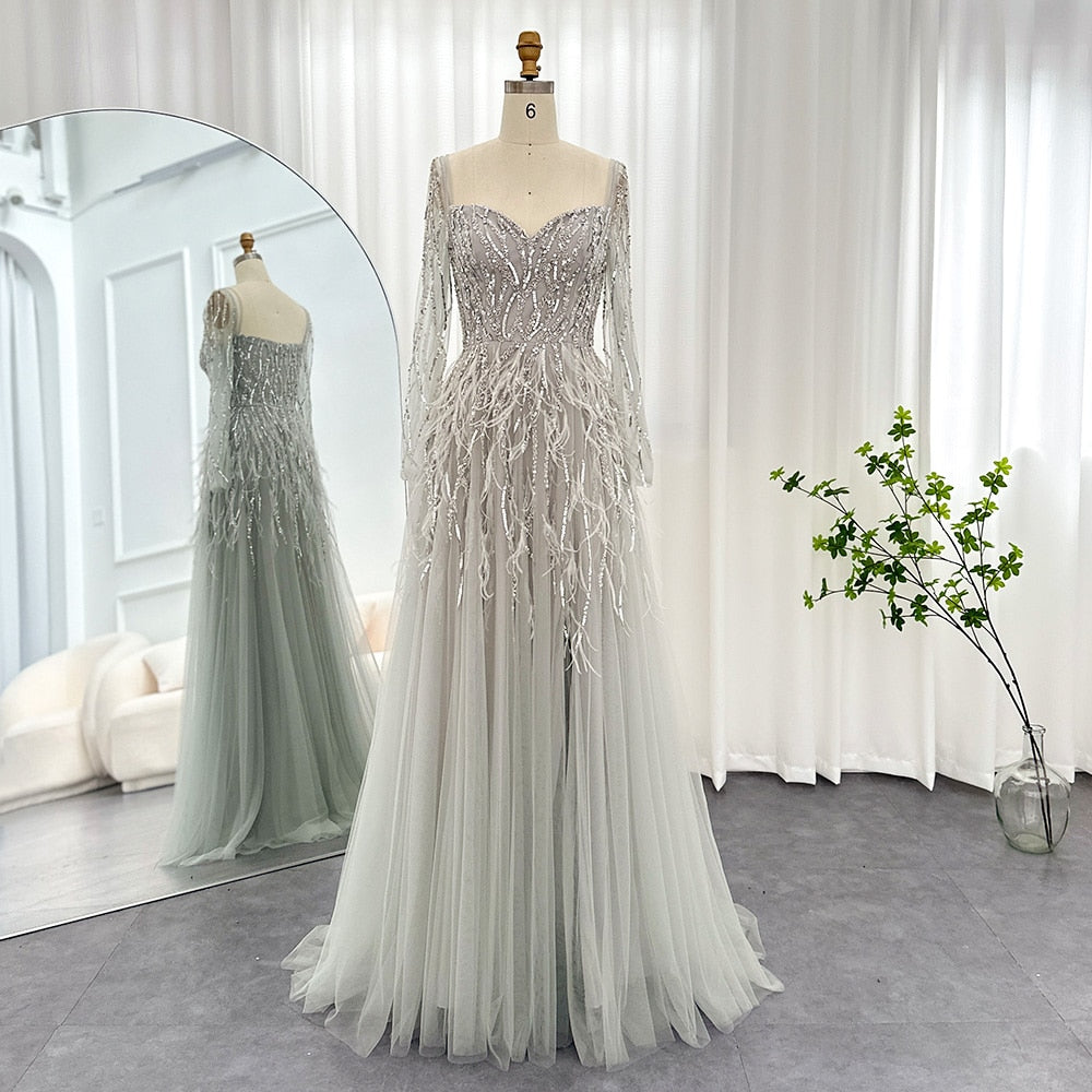 Dreamy Vow Luxury Dubai Feathers Lilac Evening Dresses for Women Wedding Elegant Emerald Green Arabic Formal Party Gowns 351
