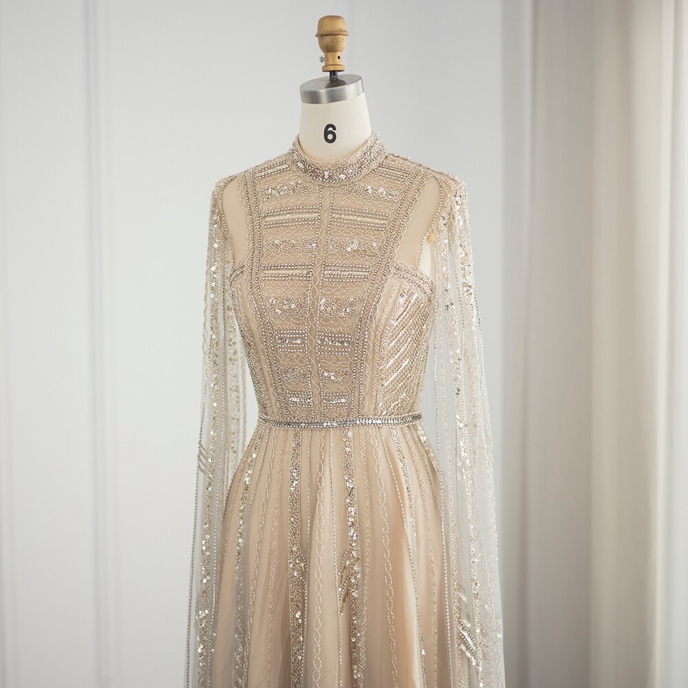 Dreamy Vow Luxury Dubai Grey Nude Arabic Evening Dresses with Cape Sleeves Elegant Women Formal Gowns for Wodding Party 428