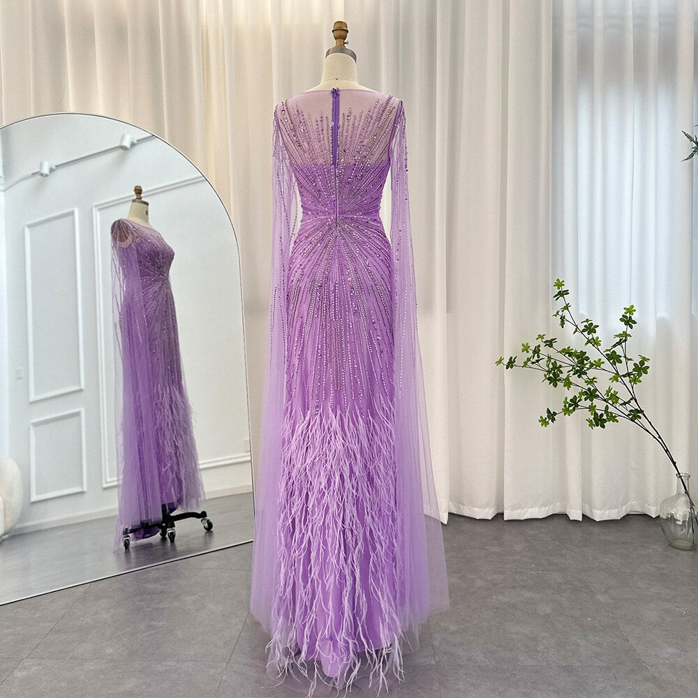 DreamyVow Luxury Dubai Lilac Feathers Evening Dresses with Cape Sleeves 2023 Arabic Long Women Wedding Party Prom Dress 196