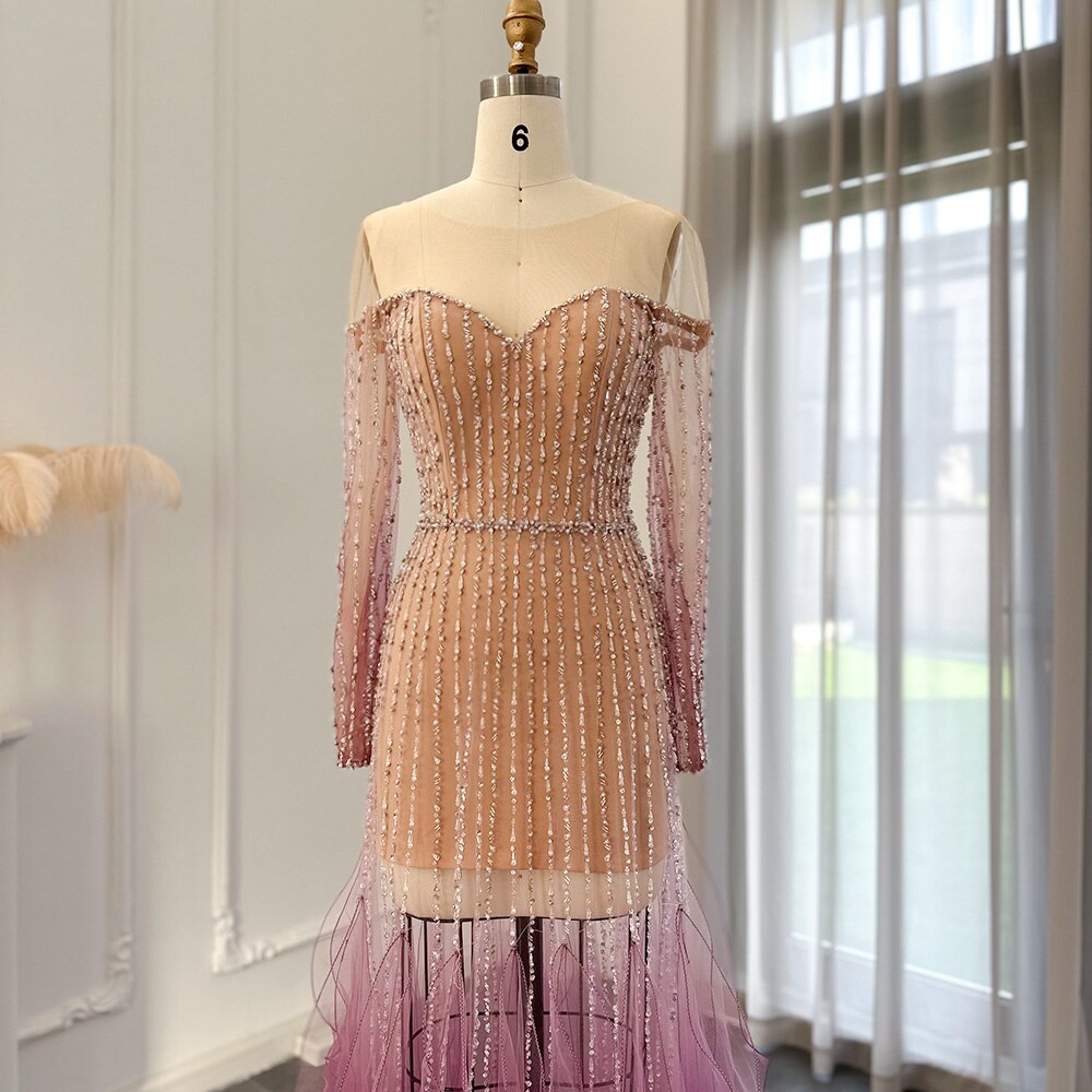 DreamyVow Luxury Dubai Mermaid Evening Dress for Wedding 2023 Elegant Long Sleeve See Through Arabic Formal Party Gown 328