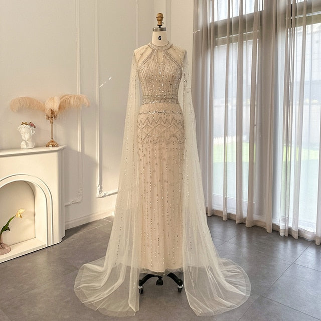 DreamyVow Luxury Dubai Mermaid Pink Evening Dresses with Cape Sleeves 2023 Arabic Women Wedding Guest Formal Party Gowns 361