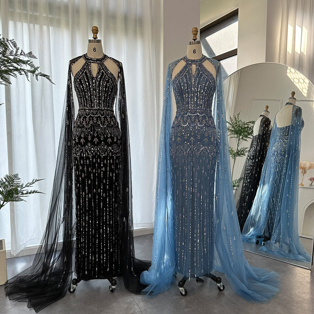 DreamyVow Luxury Dubai Mermaid Pink Evening Dresses with Cape Sleeves 2023 Arabic Women Wedding Guest Formal Party Gowns 361