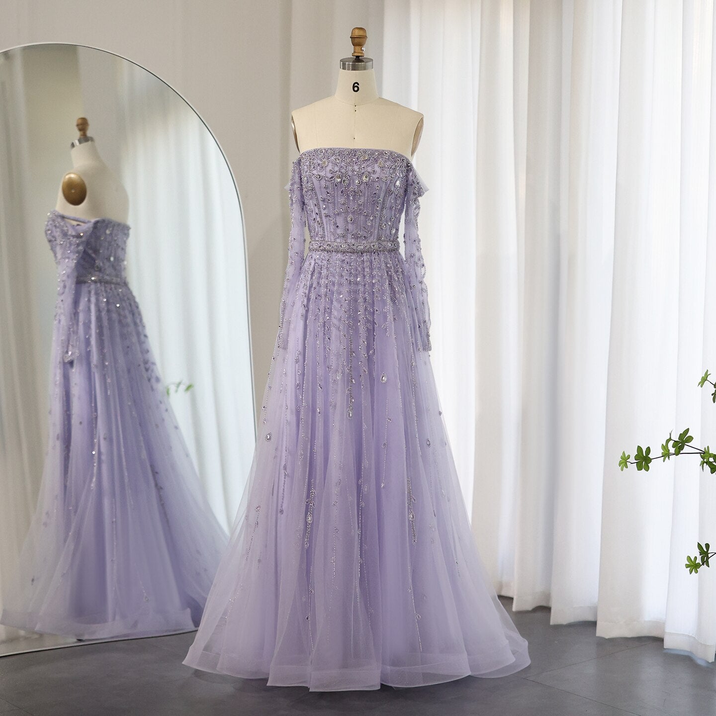 Dreamy Vow Luxury Dubai Nude Evening Dress 2023 Elegant Off Shoulder Long Sleeves Arabic Lilac Women Wedding Pary Gowns 489