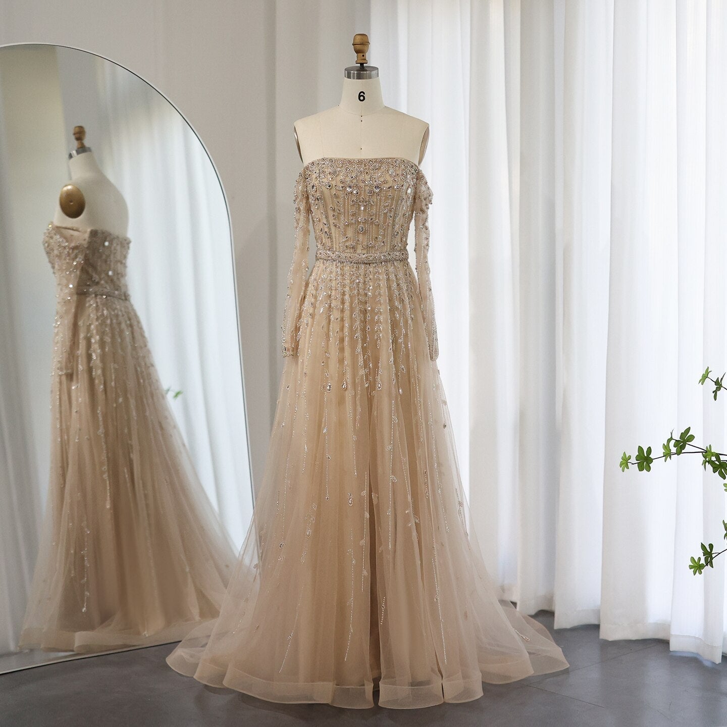 Dreamy Vow Luxury Dubai Nude Evening Dress 2023 Elegant Off Shoulder Long Sleeves Arabic Lilac Women Wedding Pary Gowns 489