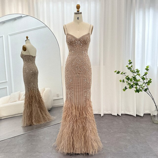Dreamy Vow Luxury Feathers Champagne Evening Dresses for Women Wedding Spaghetti Straps Mermaid Long Party Prom Dresses 171