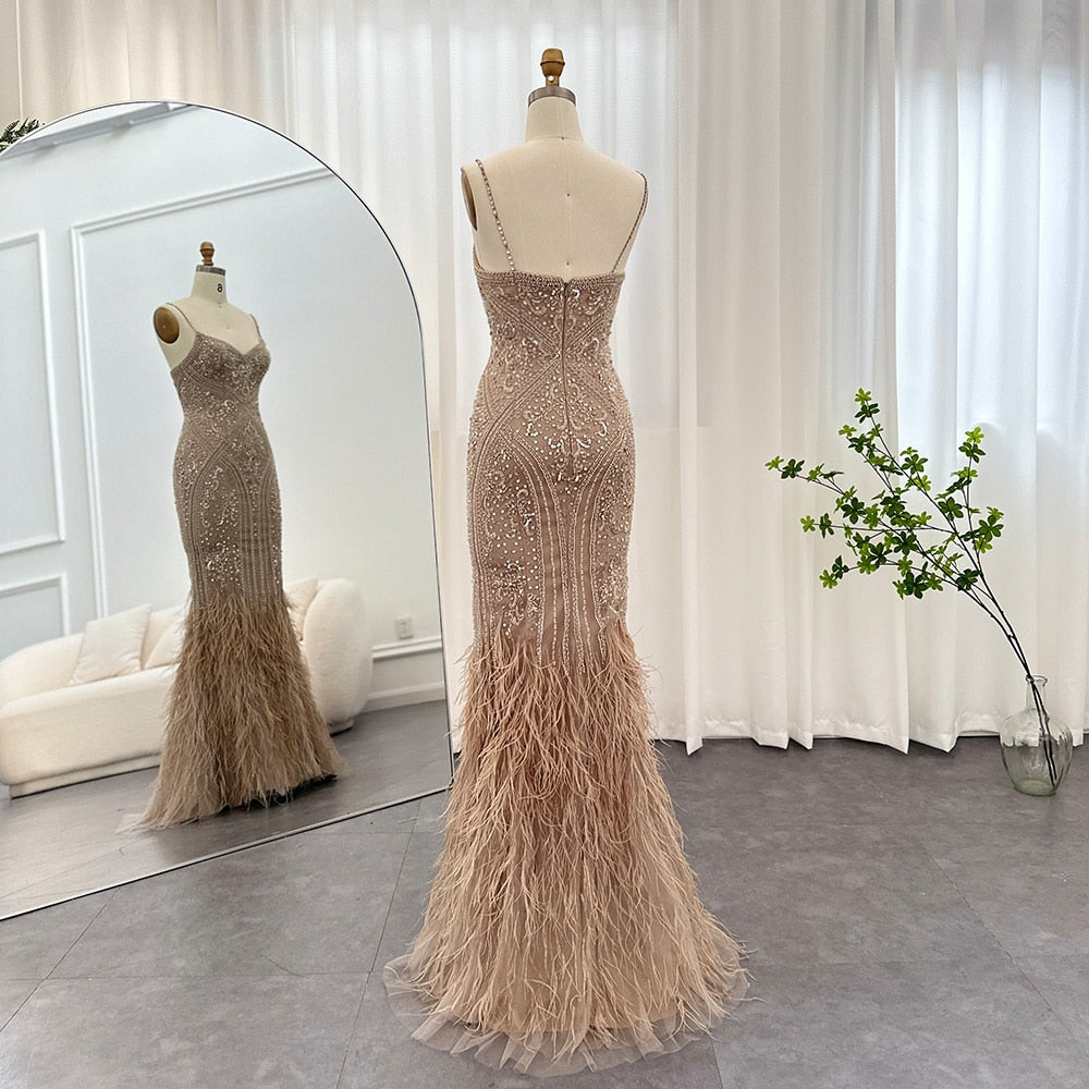 Dreamy Vow Luxury Feathers Champagne Evening Dresses for Women Wedding Spaghetti Straps Mermaid Long Party Prom Dresses 171