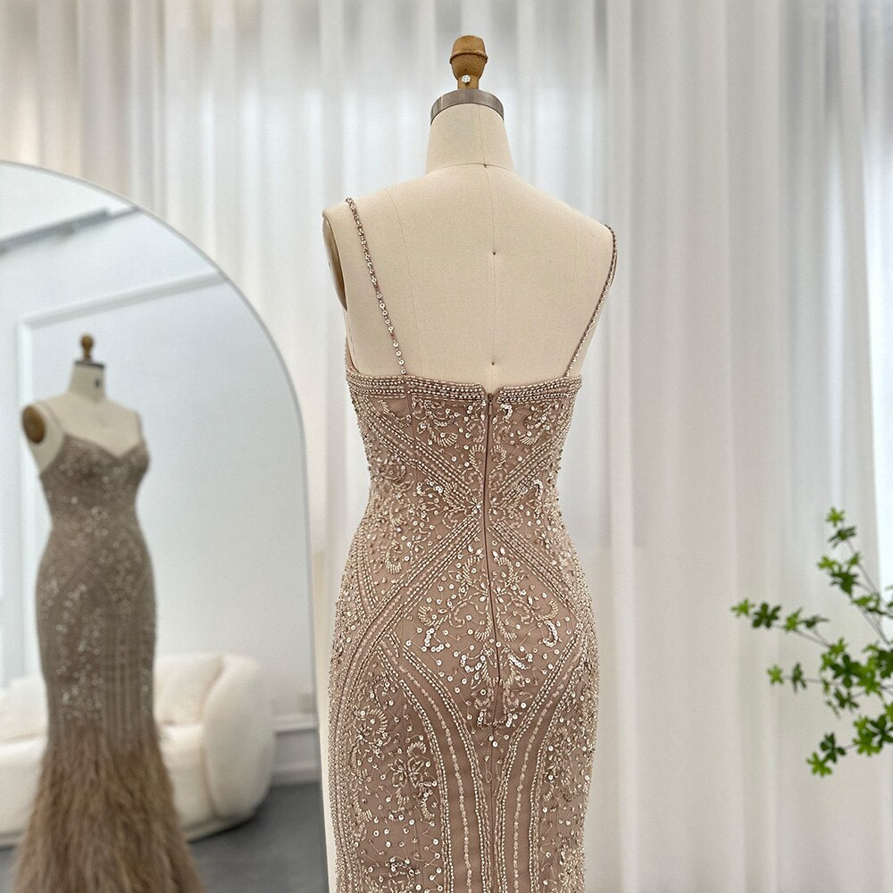 Dreamy Vow Luxury Feathers Champagne Evening Dresses for Women Wedding Spaghetti Straps Mermaid Long Party Prom Dresses 171