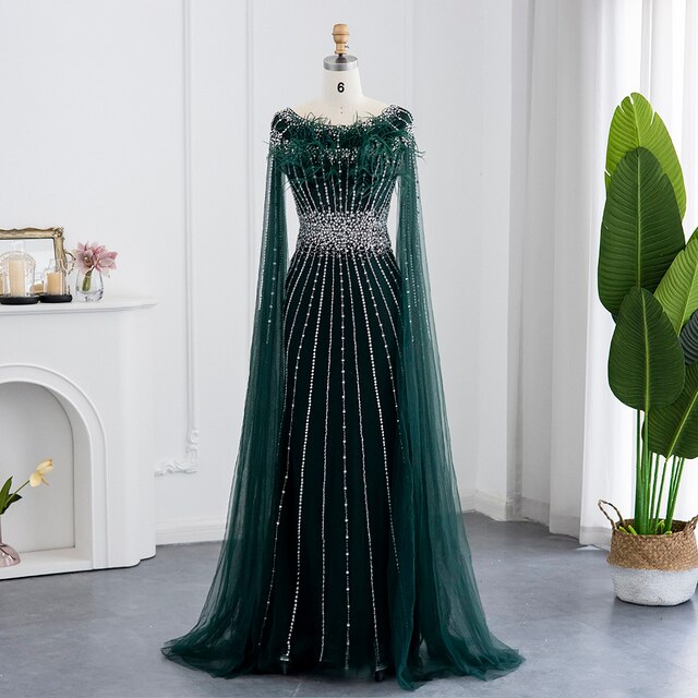 DreamyVow Luxury Feathers Silver Nude Dubai Evening Dress with Cape Sleeves Elegant Long Mermaid Formal Dress for Wedding 348