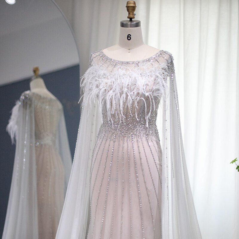 DreamyVow Luxury Feathers Silver Nude Dubai Evening Dress with Cape Sleeves Elegant Long Mermaid Formal Dress for Wedding 348