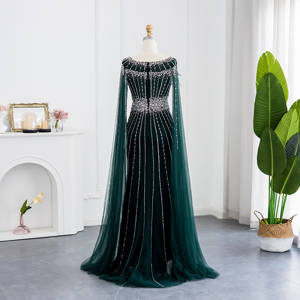 DreamyVow Luxury Feathers Silver Nude Dubai Evening Dress with Cape Sleeves Elegant Long Mermaid Formal Dress for Wedding 348