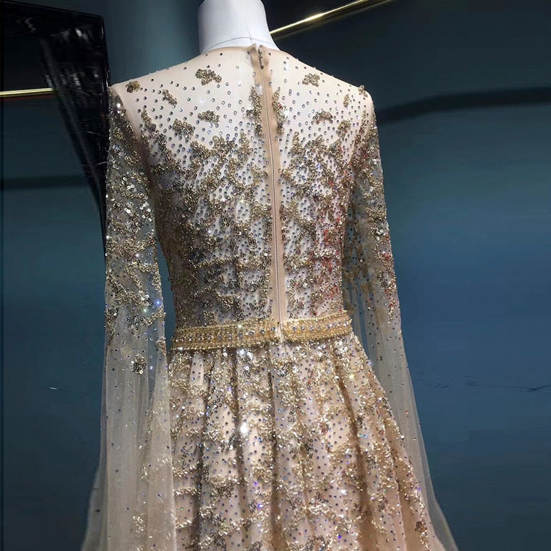 Dreamy Vow Luxury Gold Evening Dress with Cape Sleeve Crystal Silver Formal Dresses for Women Wedding Party 268