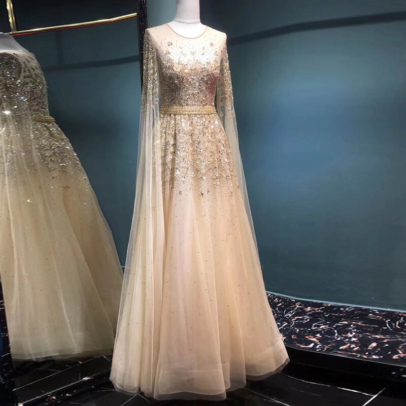 Dreamy Vow Luxury Gold Evening Dress with Cape Sleeve Crystal Silver Formal Dresses for Women Wedding Party 268