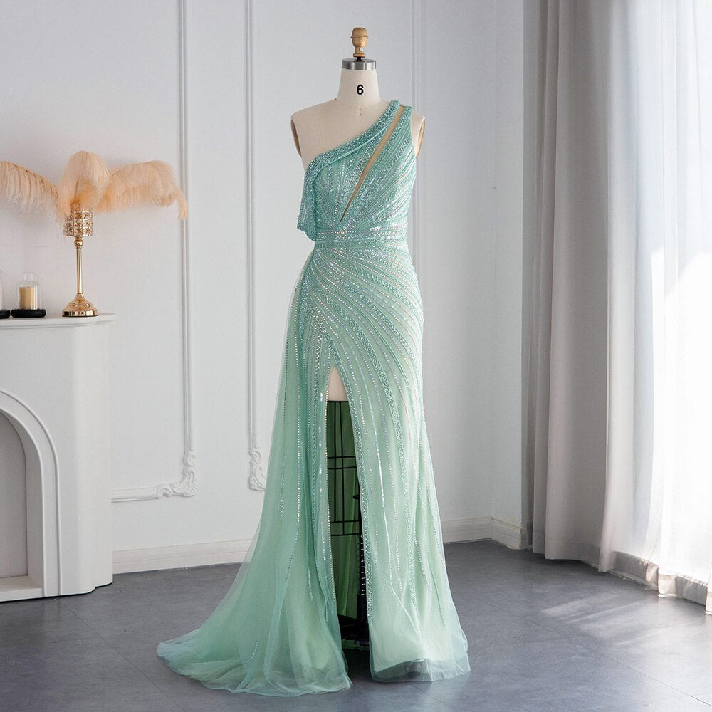 Dreamy Vow Luxury Rose Pink One Shoulder Mermaid Evening Dresses for Women Wedding Party High Slit Long Prom Formal Gowns 337