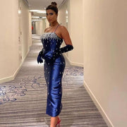 Dreamy Vow Navy Blue Spaghetti Straps Midi Evening Dress 2023 Luxury Dubai Beige Pink Arabic Women Wedding Party Gown 315