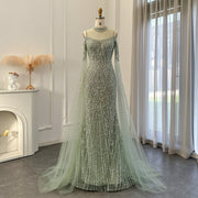 Dreamy Vow Sage Green Mermaid Luxury Dubai Evening Dress with Cape Sleeves Elegant Women Purple Wedding Formal Party Gown 205