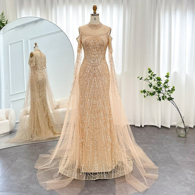 Dreamy Vow Sage Green Mermaid Luxury Dubai Evening Dress with Cape Sleeves Elegant Women Purple Wedding Formal Party Gown 205