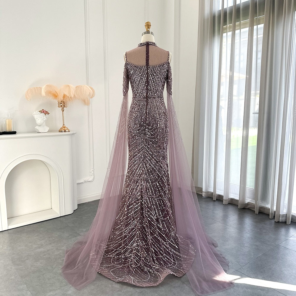 Dreamy Vow Sage Green Mermaid Luxury Dubai Evening Dress with Cape Sleeves Elegant Women Purple Wedding Formal Party Gown 205