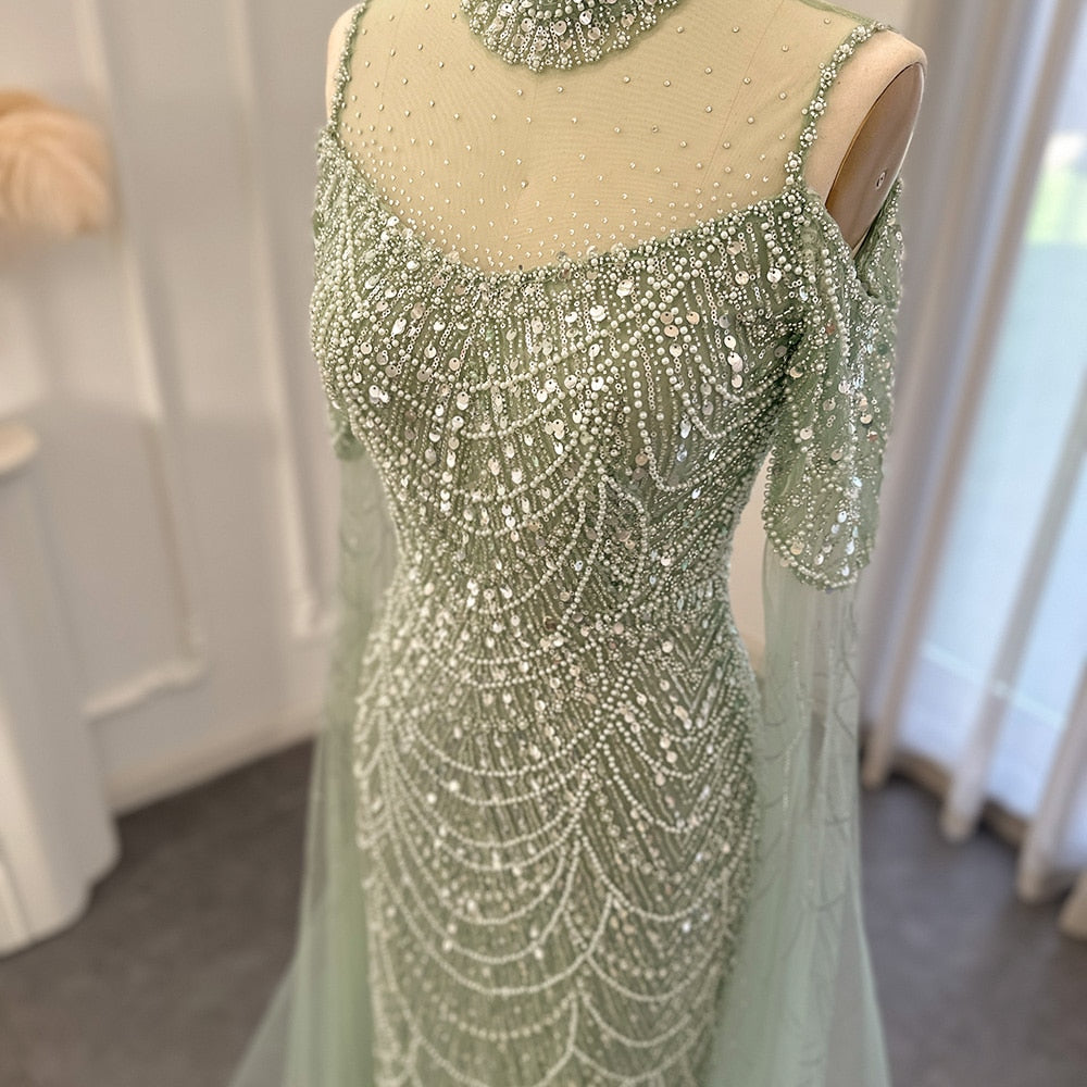 Dreamy Vow Sage Green Mermaid Luxury Dubai Evening Dress with Cape Sleeves Elegant Women Purple Wedding Formal Party Gown 205