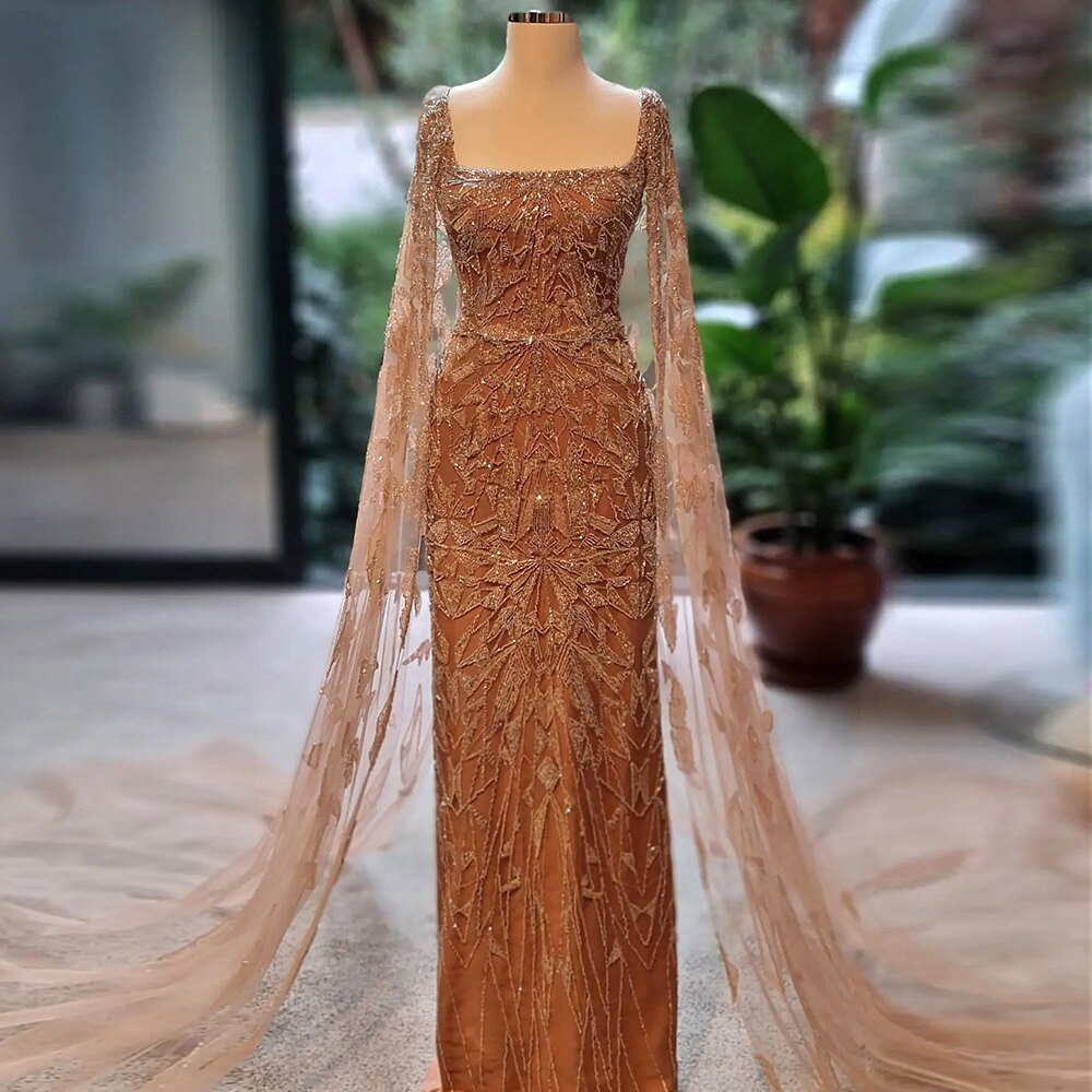 Dreamy Vow Saudi Arabic Nude Pink Luxury Dubai Evening Dresses with Cape Sleeves Square Collar Women Wedding Party Gowns 497