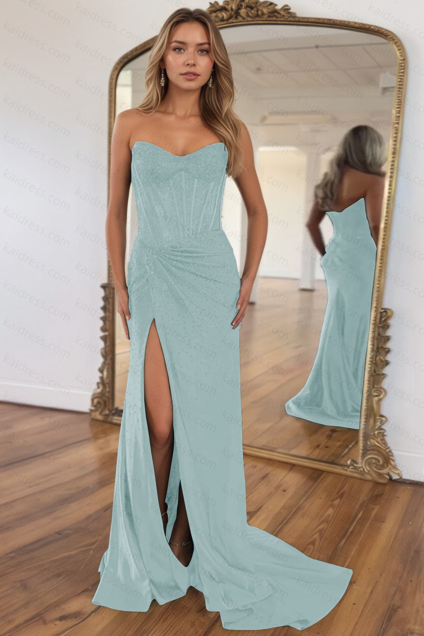 Mermaid Sparkly Golden Sweetheart Beaded Long Corset Prom Dress with Slit