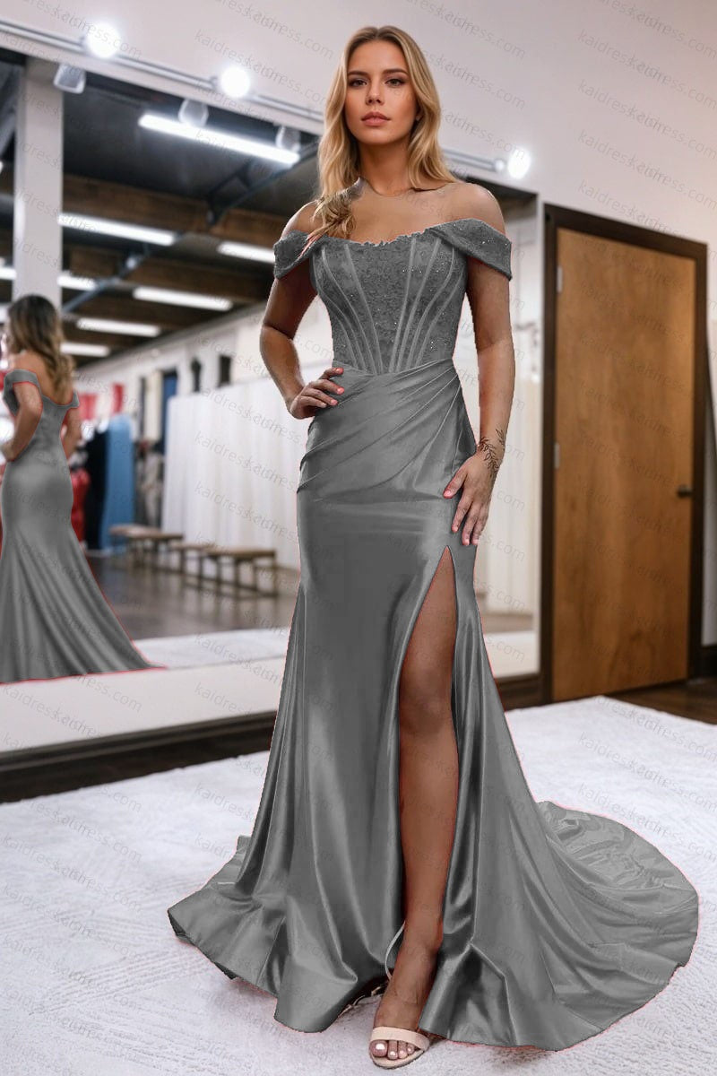Trumpet/Mermaid Elastic Woven Satin Ruched Off-the-Shoulder Prom Dresses Sleeveless Long Green Evening Gowns