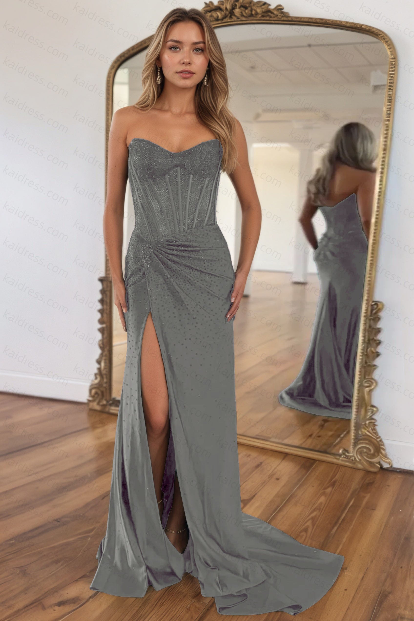 Mermaid Sparkly Golden Sweetheart Beaded Long Corset Prom Dress with Slit