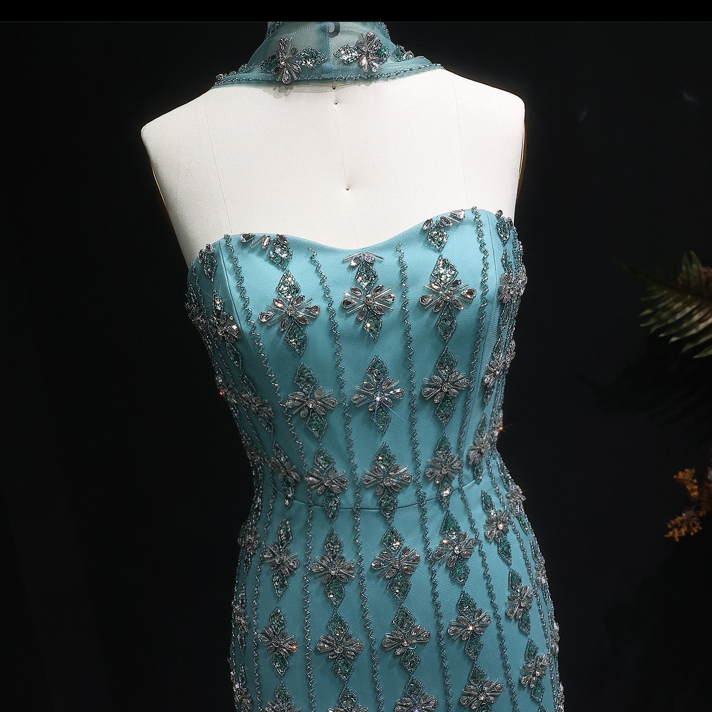 Luxury Beaded Nude Strapless Evening Dress with Scarf SS229