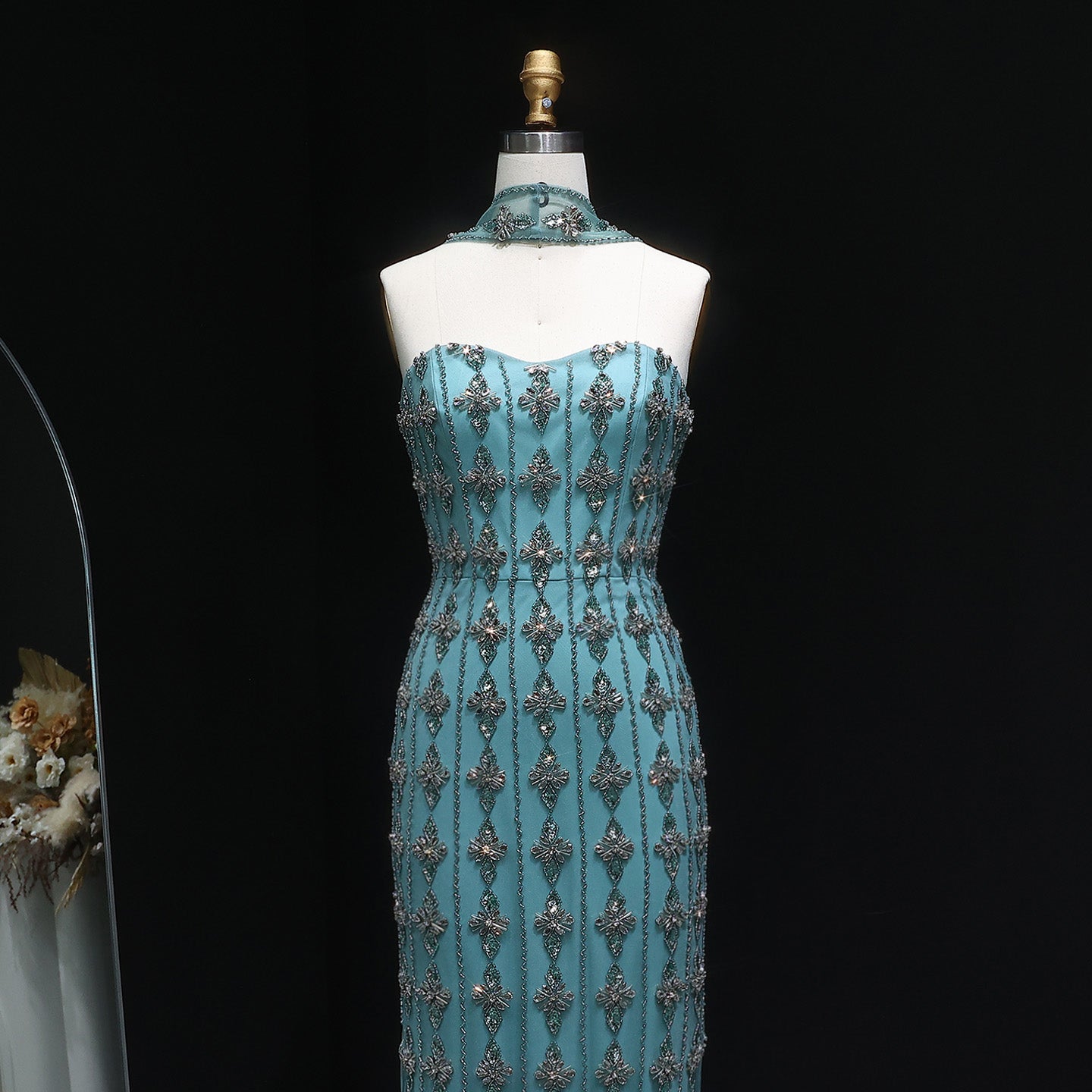 Luxury Beaded Nude Strapless Evening Dress with Scarf SS229