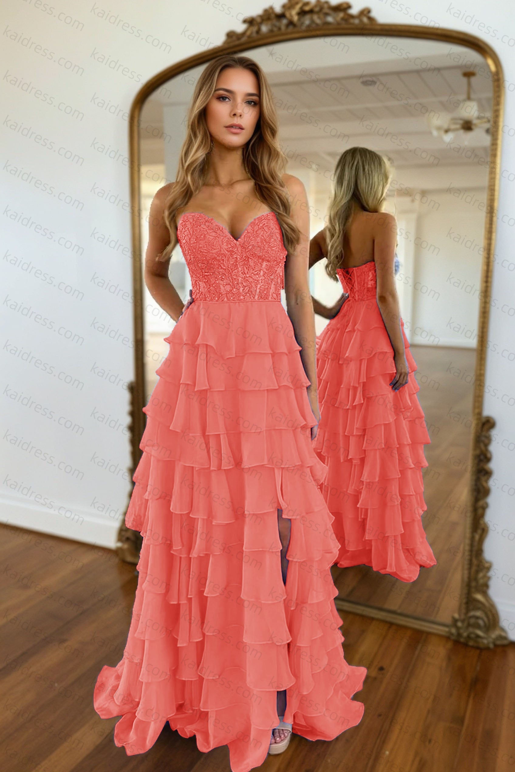 A-line/Princess Chiffon Fuchsia Sweetheart Tiered Ruffles Prom Dress with Slit Applique