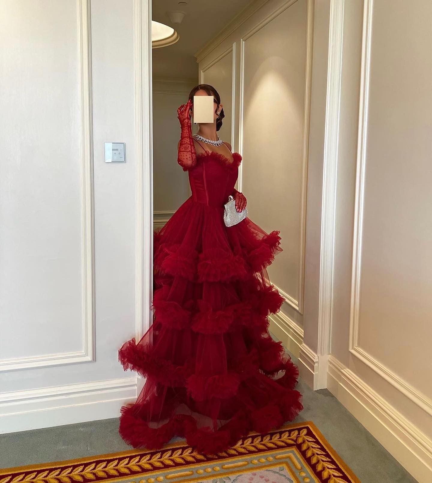 Burgundy Tulle Tiered Ruffles Evening Dresses with Gloves SS309