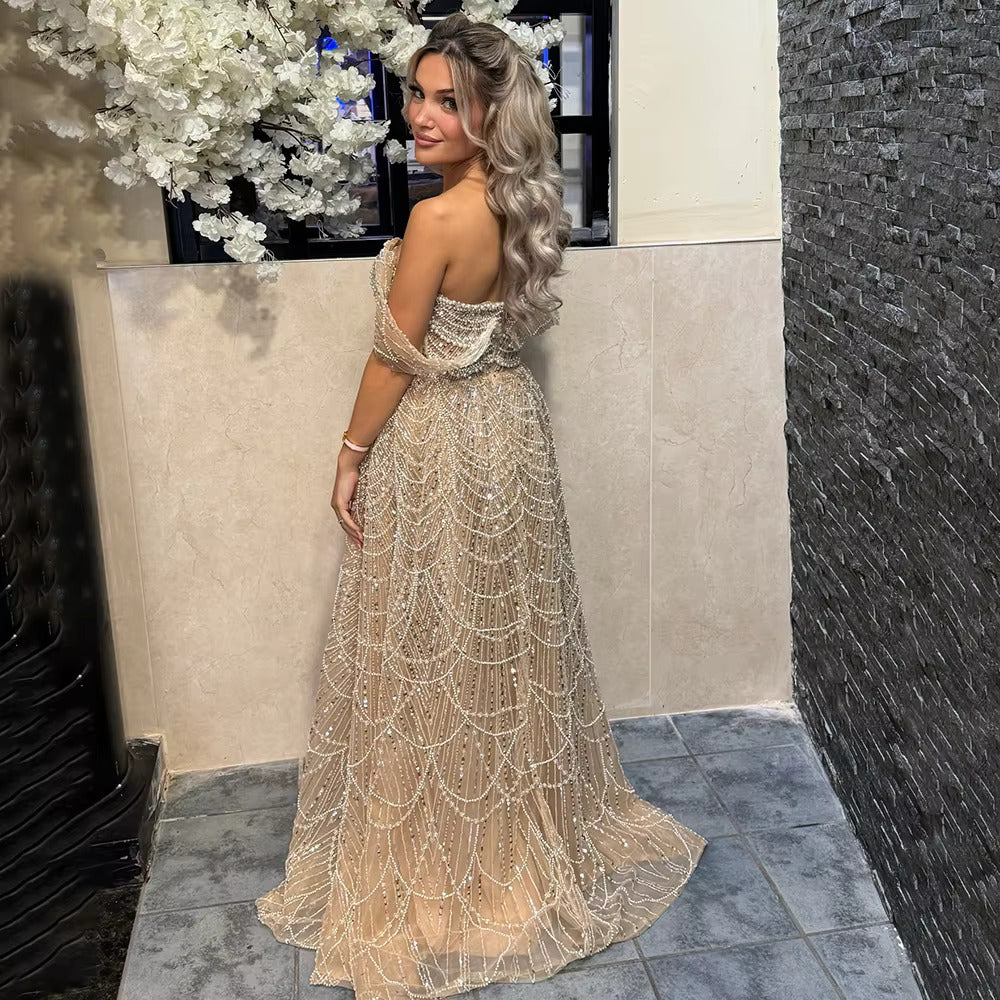 Luxury Beaded Champagne Off-Shoulder Evening Dress SS676