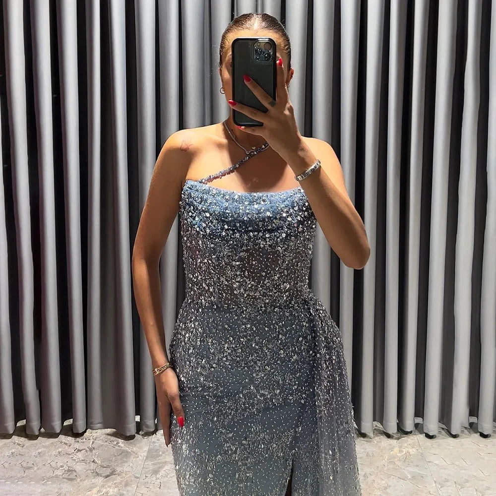 Luxury Blue One Shoulder Evening Dress with Overskirt SS710