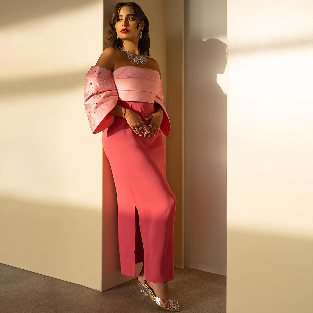 Elegant Off Shoulder Coral Pink Evening Dress SF022