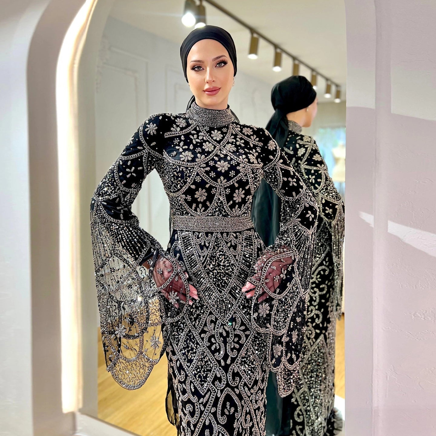 Luxury Black Beaded Evening Dress with Flare Long Sleeves SS153