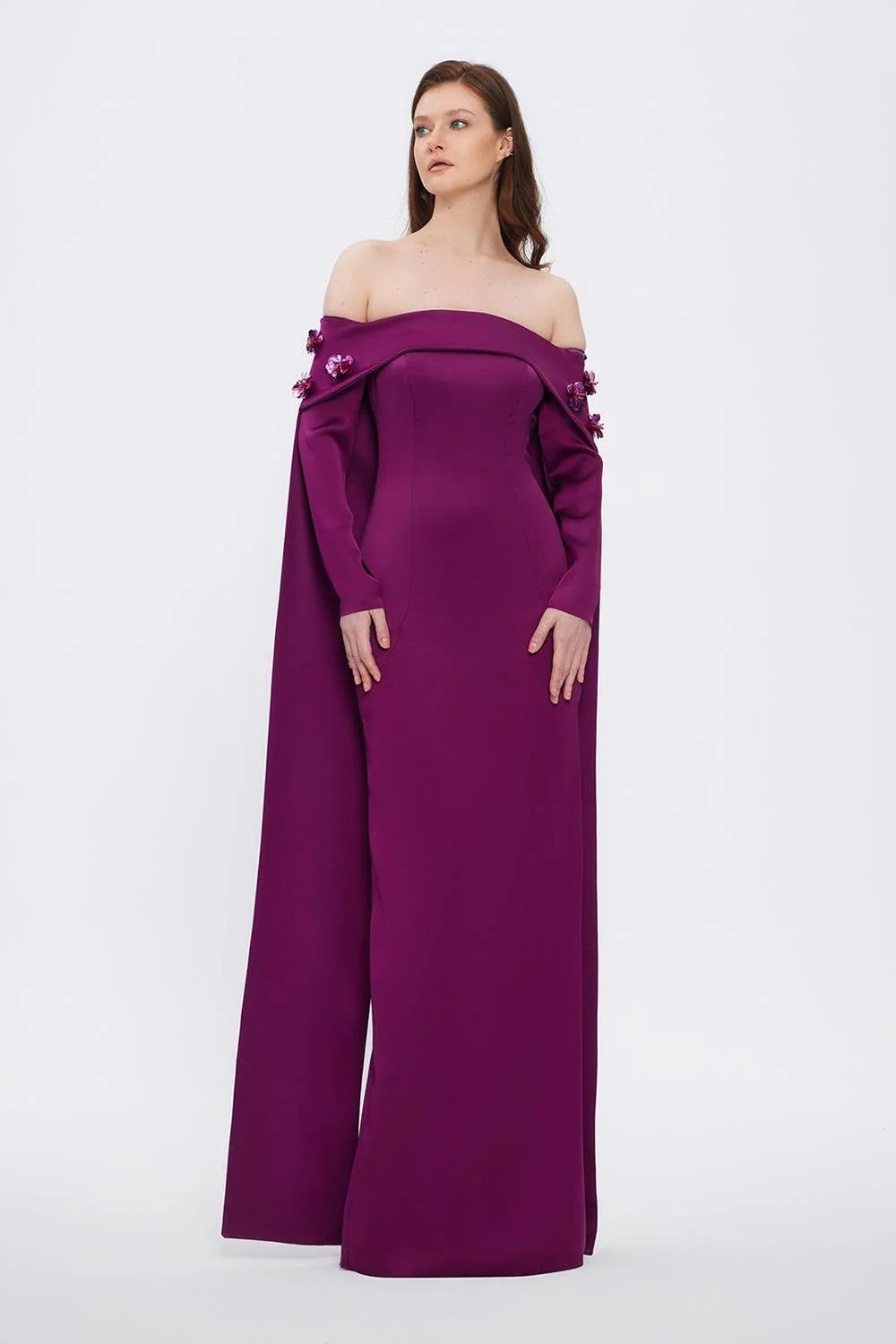 Elegant Purple 3D Flower Off Shoulder Evening Dress SF066