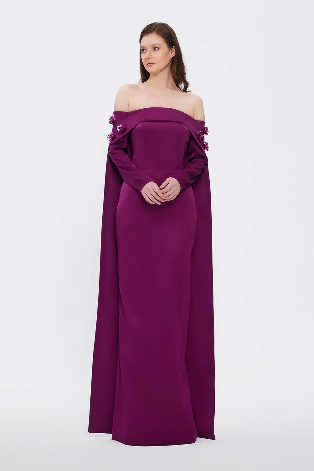Elegant Purple 3D Flower Off Shoulder Evening Dress SF066  Purple / US 16