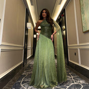 Elegant Green One Shoulder A-Line Evening Dress SF406