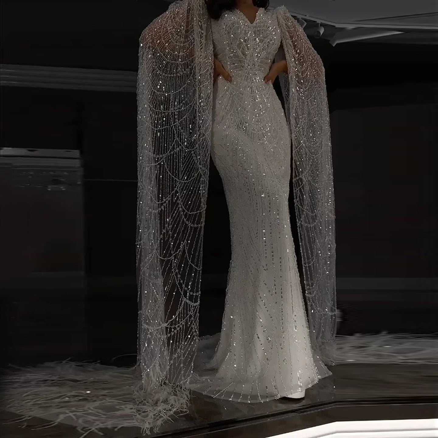 Luxury White Feather Evening Dress with Cape Sleeves SS683  White / US 20