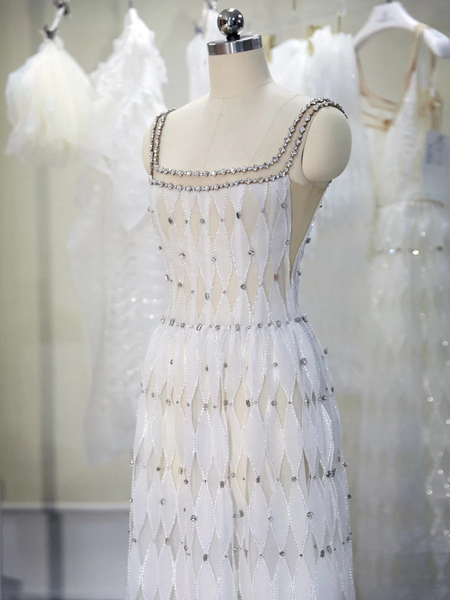 Luxury Crystal White Spaghetti Straps Evening Dress SS058