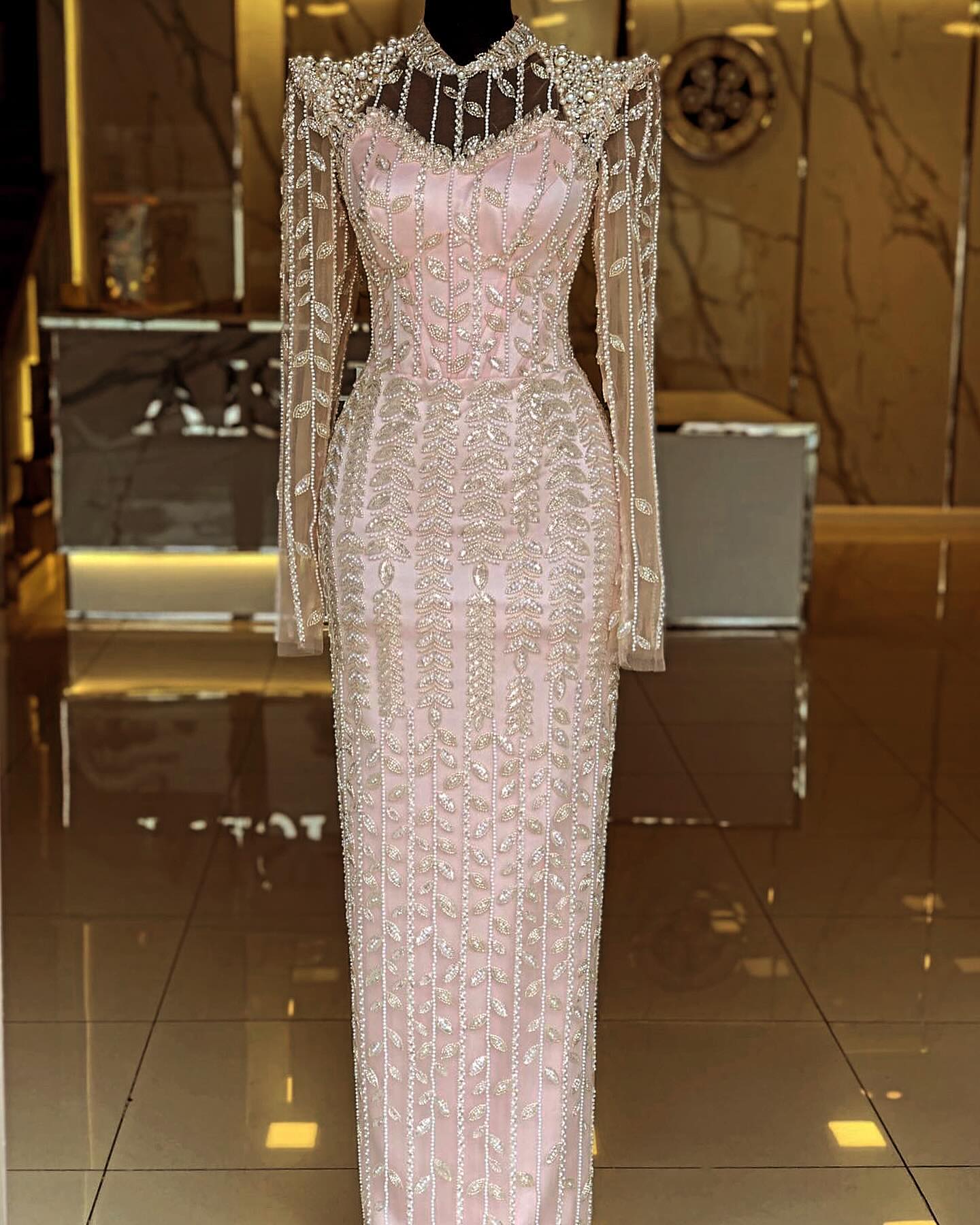 Luxury Cream Long Sleeves Evening Dress SS696  Pink / US 18