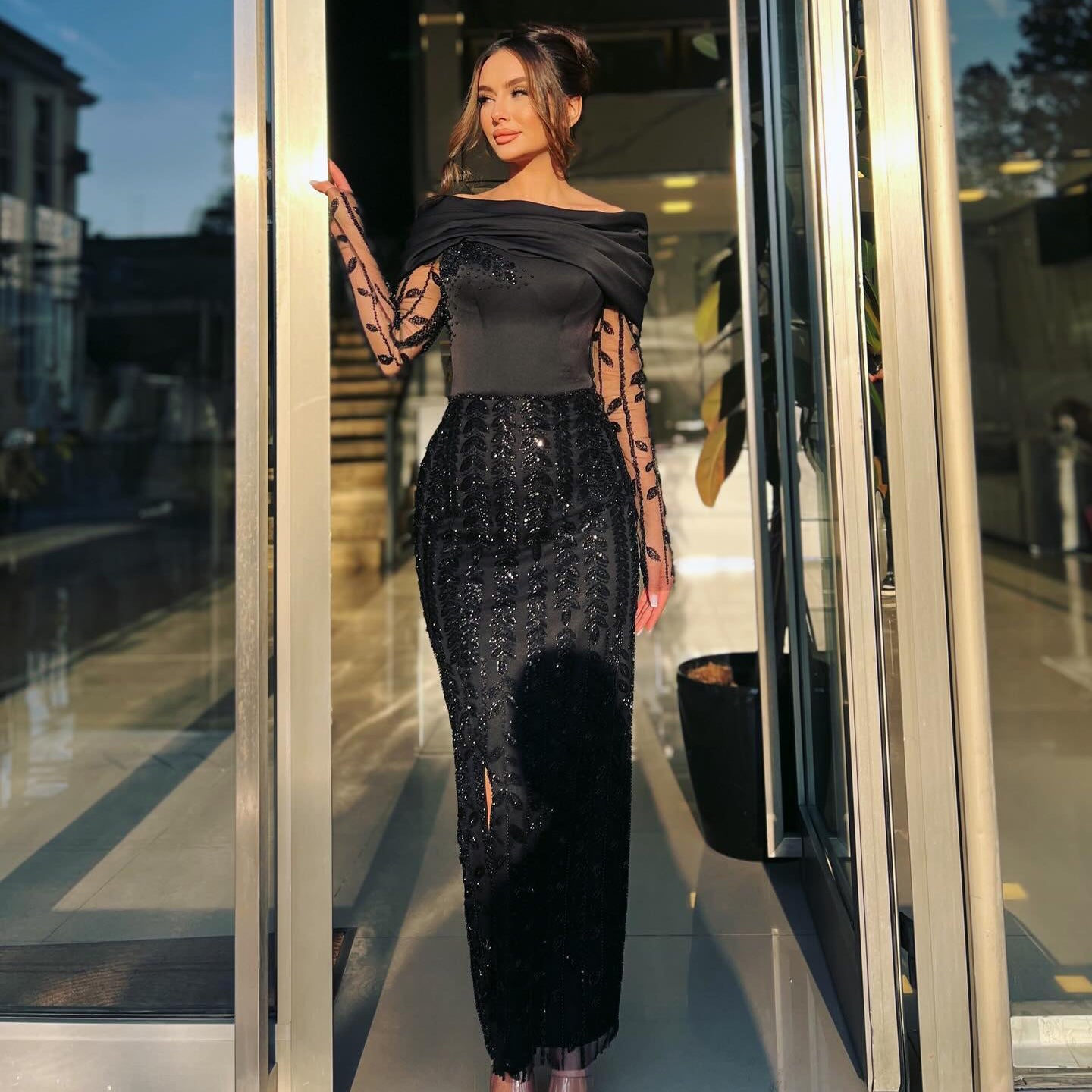 Elegant Off Shoulder Long Sleeves Evening Dress SS695