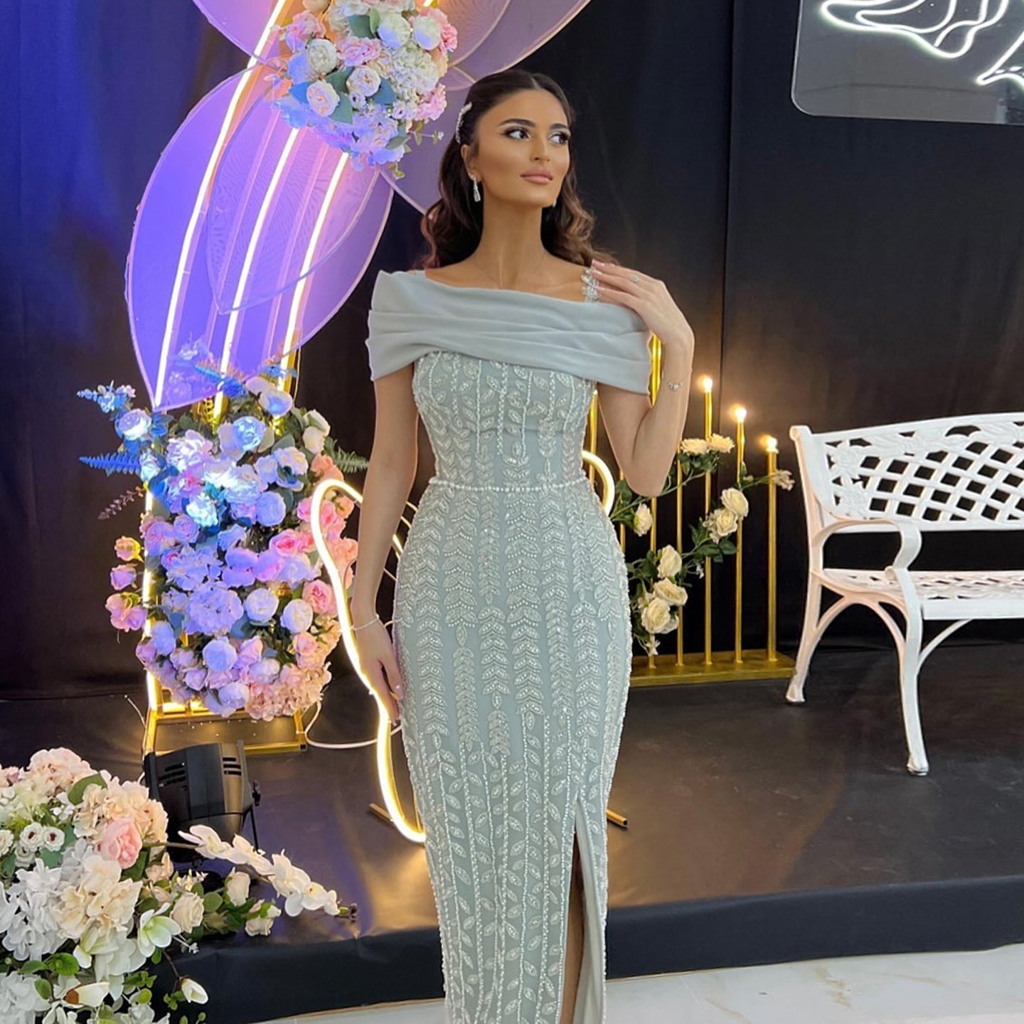 Elegant Off Shouler Silver Evening Dress with Slit SS713