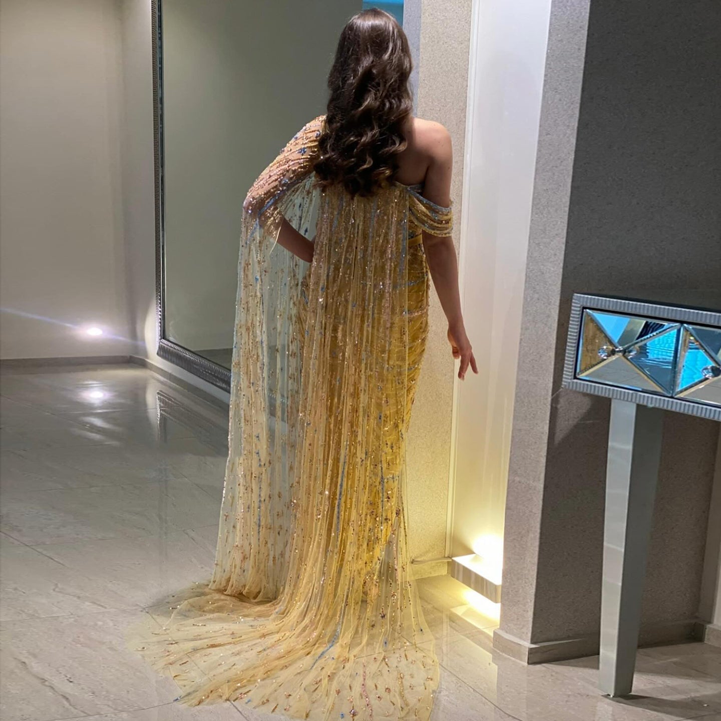 Colorful Beaded One Shoulder Yellow Evening Dress with Cape SS423