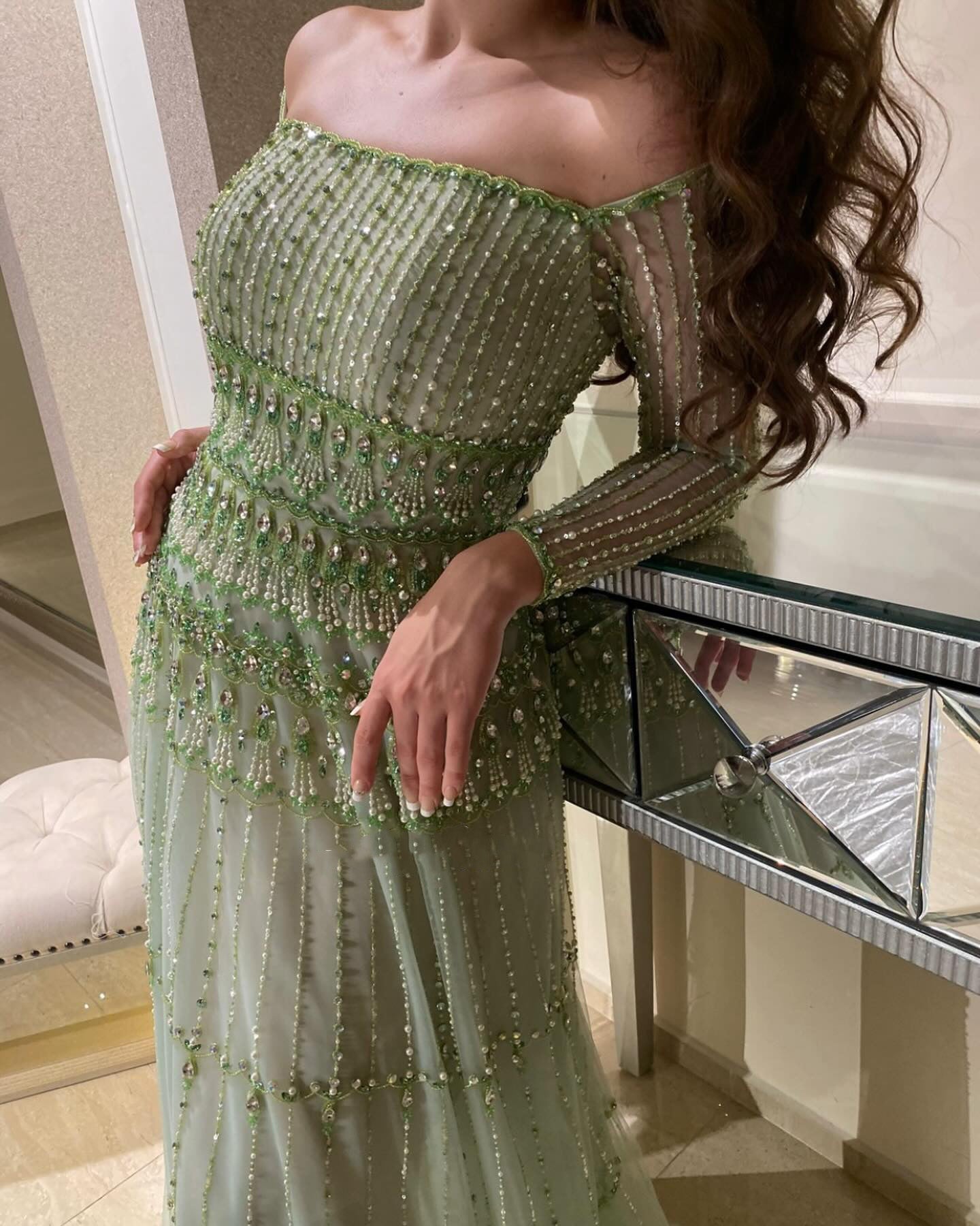 Elegant Off Shoulder Sage Green Evening Dress SS588