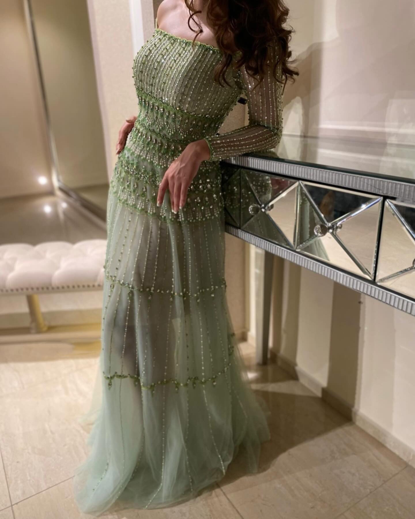 Elegant Off Shoulder Sage Green Evening Dress SS588