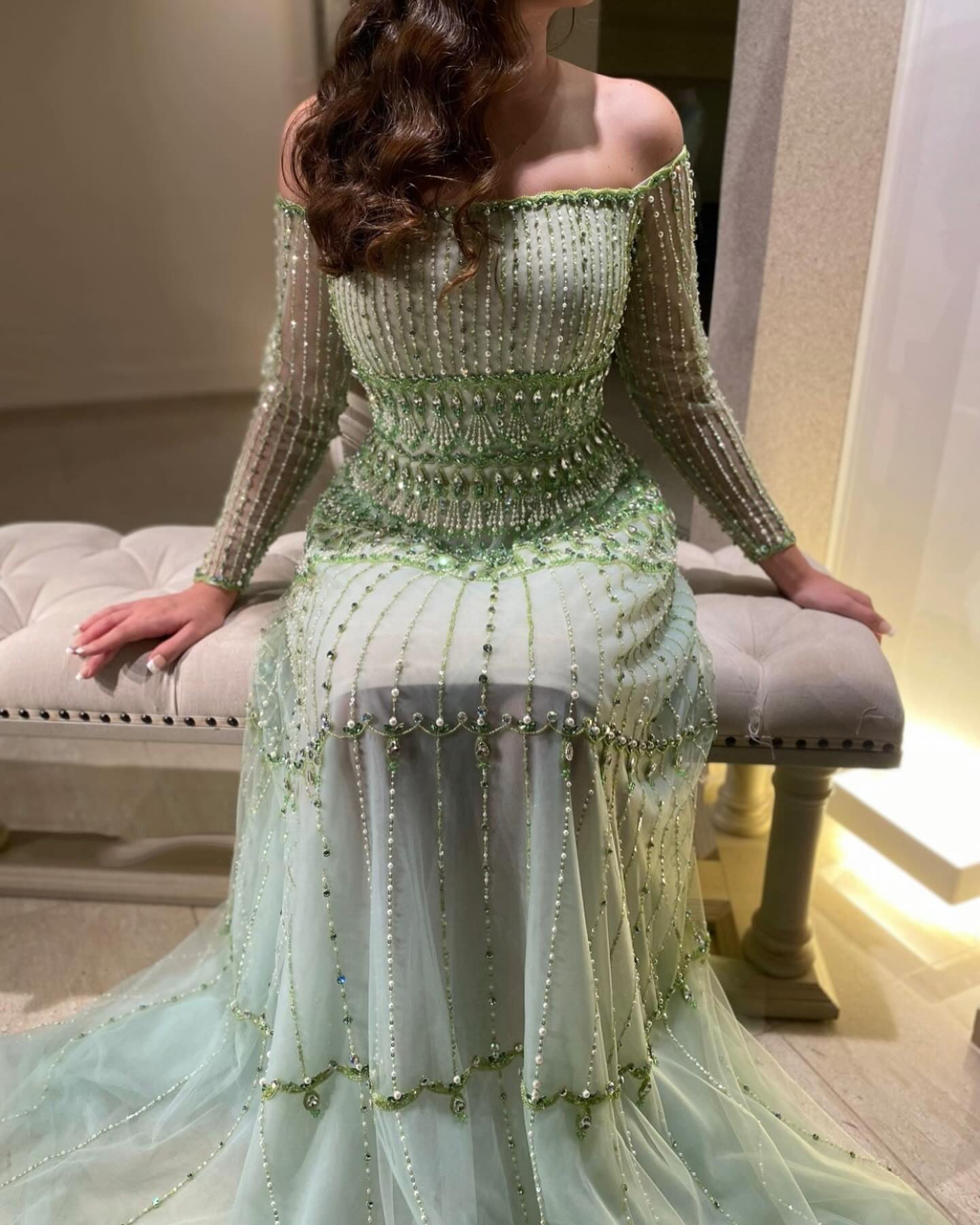 Elegant Off Shoulder Sage Green Evening Dress SS588