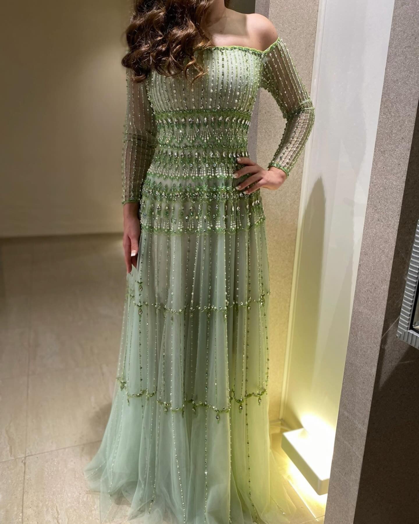 Elegant Off Shoulder Sage Green Evening Dress SS588