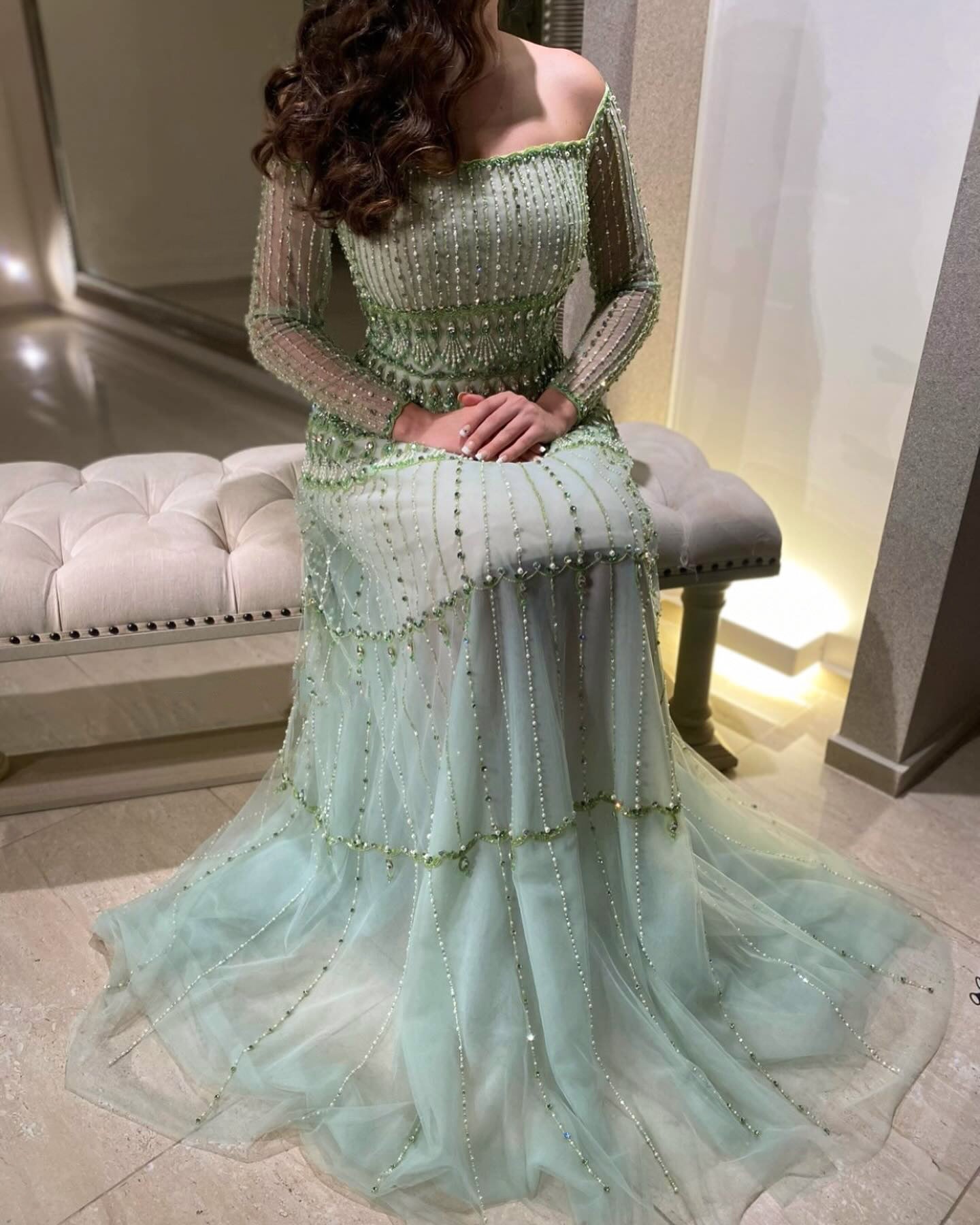 Elegant Off Shoulder Sage Green Evening Dress SS588