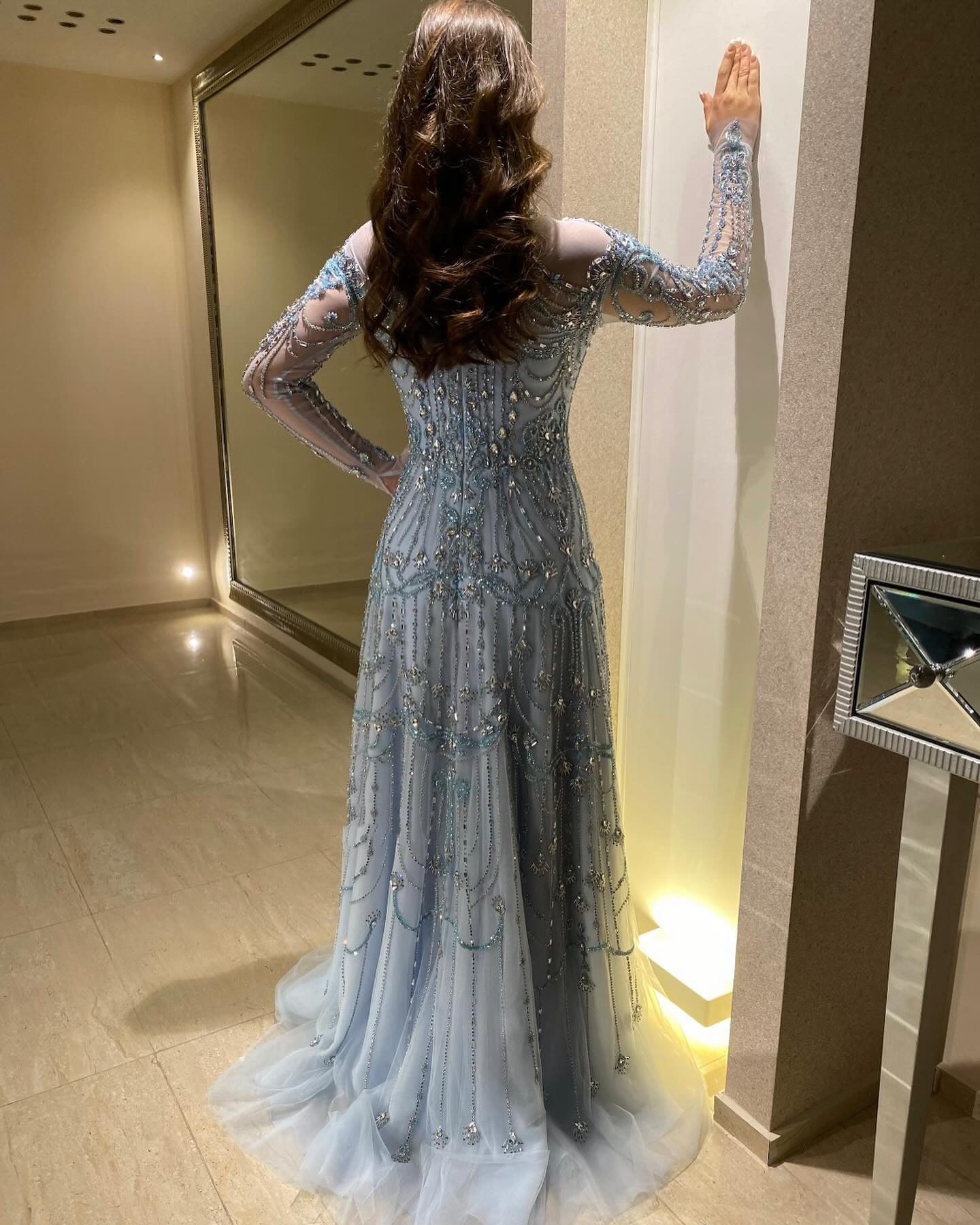 Luxury Blue Long Sleeves High Neck Evening Dress SS587