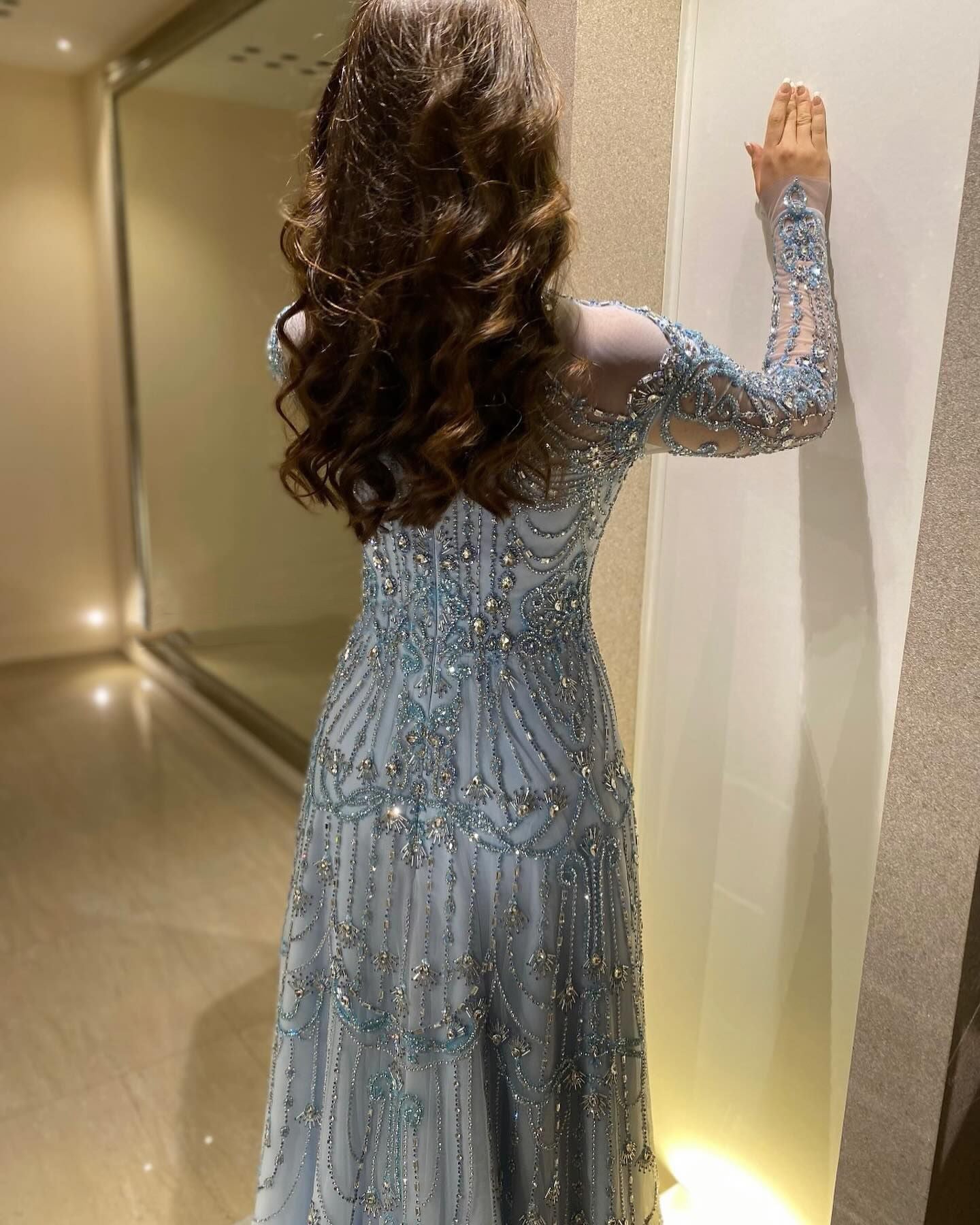 Luxury Blue Long Sleeves High Neck Evening Dress SS587